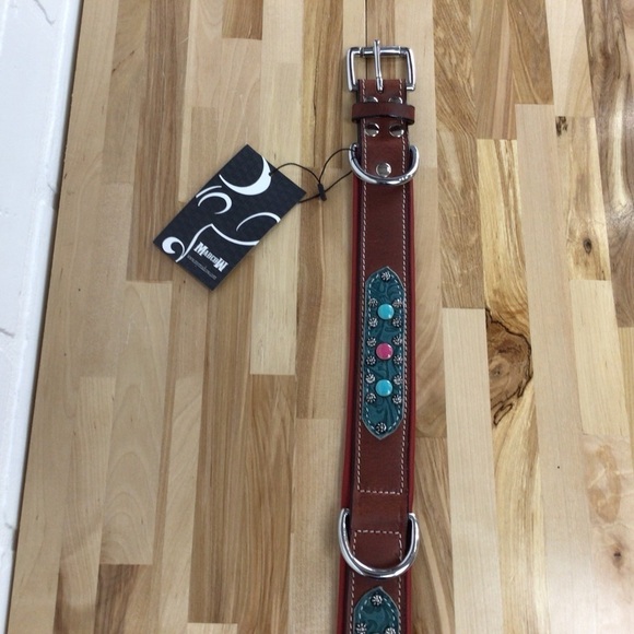 Mad Cow genuine leather jewelry dog collar handmade red pink turquoise studded - Picture 9 of 16